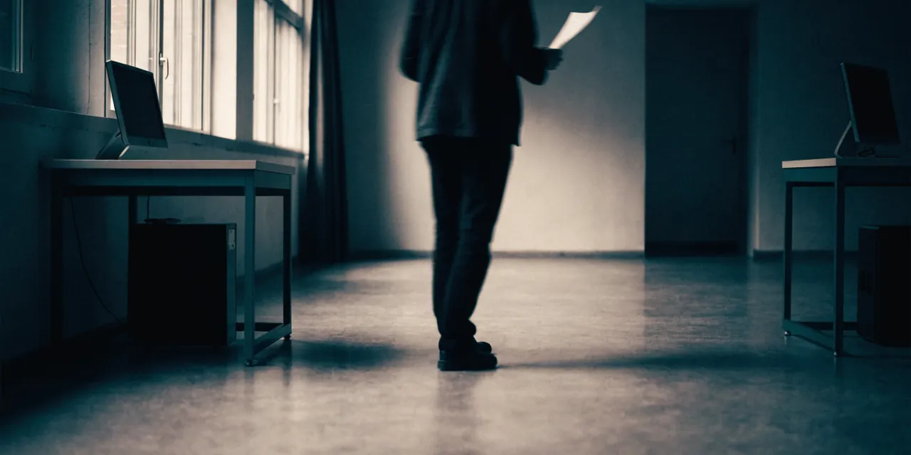 A person carrying a sheet of paper across an empty floor between two separate workstations.