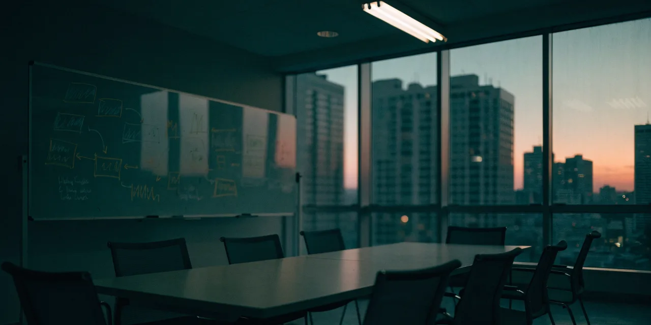 An empty meeting room after hours, a whiteboard still covered in diagrams.
