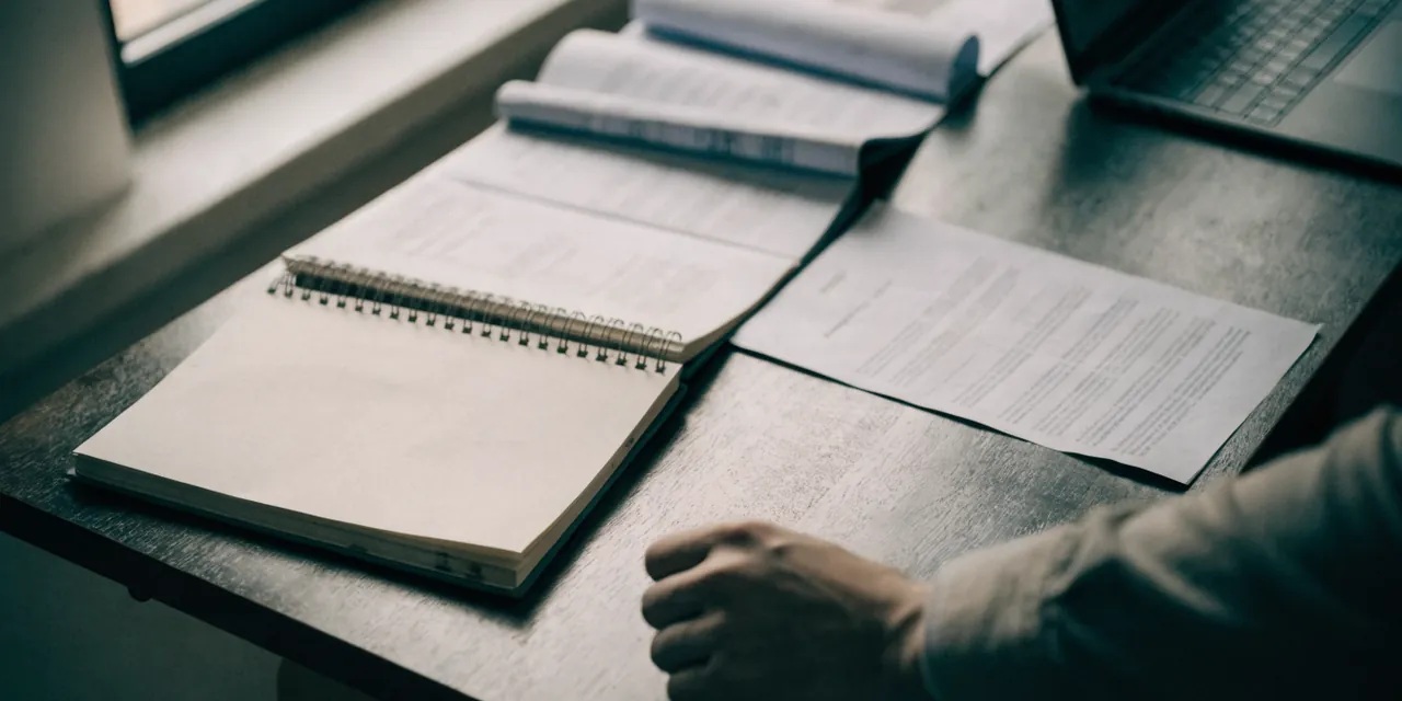 A desk with an open notebook and printed pages, one sheet set apart from the rest.