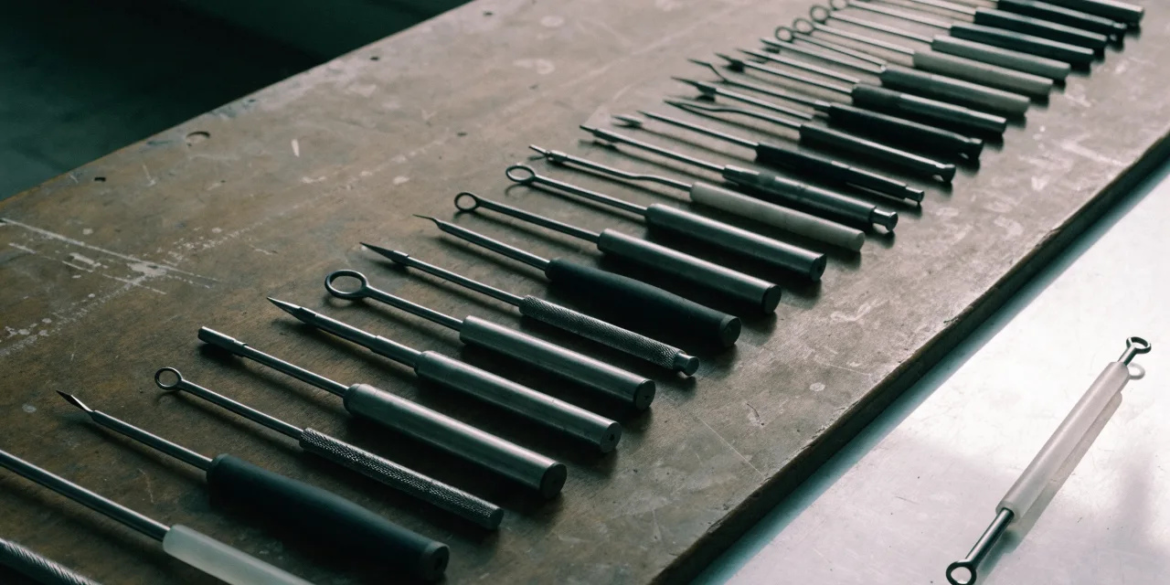 A workbench with hand tools arranged in a row, one set apart on a clean surface.